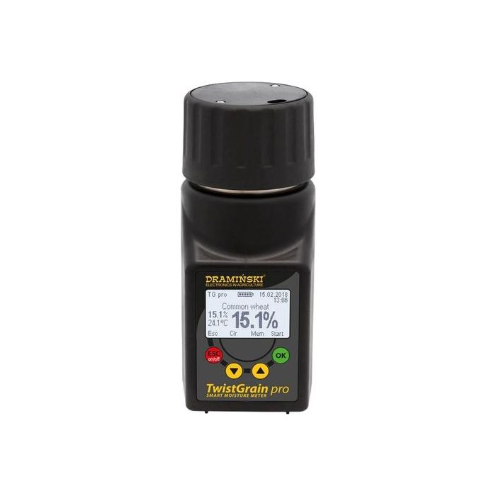 Draminski TwistGrain Pro grain moisture meter showing 15.1% reading on backlit LCD display