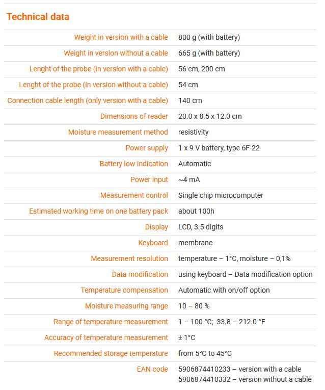 Specification for Draminski HMM hay and straw moisture meter with cable